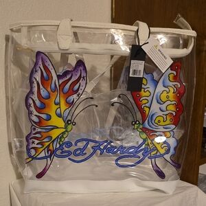 Ed Hardy Clear Tote with Vibrant Butterfly Design